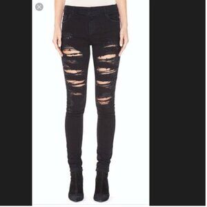 Alice + Olivia Mid-Rise Skinny Leg Jeans Black Ripped Distressed 29